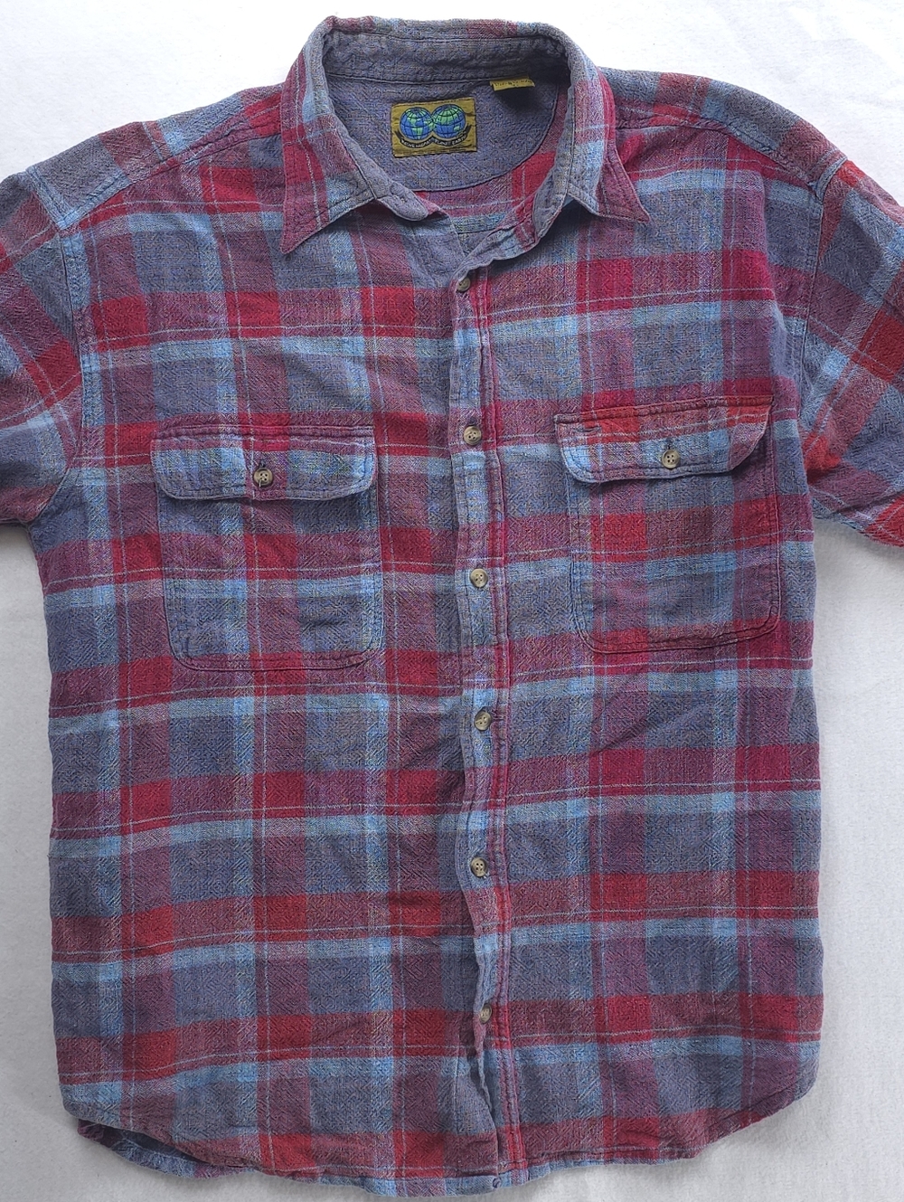 Vintage Planet Earth Plaid Flannel Shirt Mens Medium Red Blue Grunge 90s
